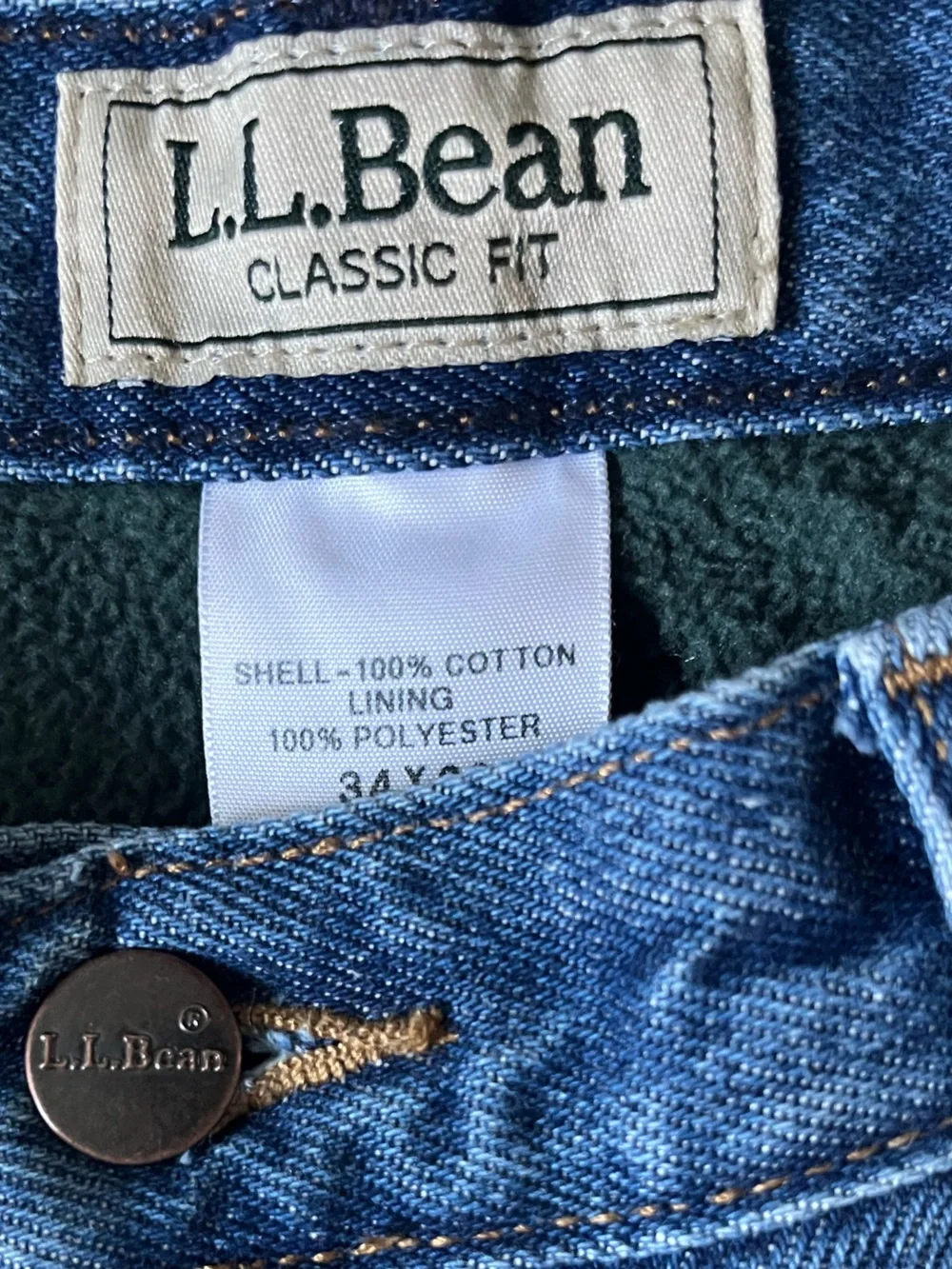 LL Bean Fleece Lined Blue Jeans, 34
